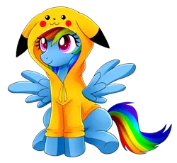 Size: 2552x2349 | Tagged: safe, artist:scarlet-spectrum, derpibooru import, rainbow dash, pegasus, pikachu, pony, g4, :3, clothes, costume, crossover, cute, dashabetes, female, hoodie, image, jacket, mare, pikachu hoodie, png, pokémon, simple background, solo, transparent background