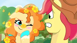 Size: 2400x1350 | Tagged: safe, artist:prixy05, derpibooru import, bright mac, pear butter, earth pony, pony, g4, g5, my little pony: tell your tale, the perfect pear, applejack's hat, blushing, cowboy hat, duo, duo male and female, female, flower, flower in hair, flower on nose, g4 to g5, generation leap, hat, image, male, mare, png, scene interpretation, stallion