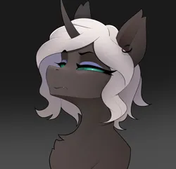 Size: 3132x3019 | Tagged: artist needed, safe, derpibooru import, oc, oc:kitu elder, changeling, changeling queen, ear piercing, earring, ears, eyelashes, eyeshadow, female, glare, gray coat, horn, image, jewelry, makeup, piercing, png, simple background, teal eyes, white mane