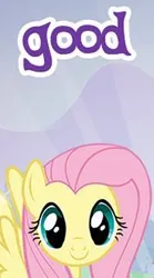 Size: 184x332 | Tagged: safe, derpibooru import, fluttershy, pegasus, pony, g4, cropped, english, female, gameloft, good, image, looking at you, mare, meme, my little pony: magic princess, png, solo, text, wings, wow! glimmer, younger