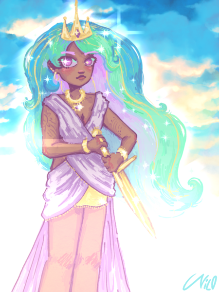 Size: 1536x2048 | Tagged: safe, artist:chaos4cringe, derpibooru import, princess celestia, human, alternate hairstyle, blushing, bracelet, clothes, crown, dark skin, dress, ear piercing, earring, female, humanized, image, jewelry, necklace, piercing, png, regalia, ring, solo, sword, tattoo, weapon