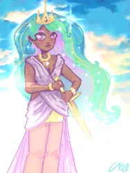 Size: 1536x2048 | Tagged: safe, artist:chaos4cringe, derpibooru import, princess celestia, human, alternate hairstyle, blushing, bracelet, clothes, crown, dark skin, dress, ear piercing, earring, female, humanized, image, jewelry, necklace, piercing, png, regalia, ring, solo, sword, tattoo, weapon