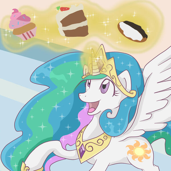 Size: 2449x2449 | Tagged: safe, artist:yoshimarsart, derpibooru import, princess celestia, alicorn, pony, g4, cake, cakelestia, cupcake, female, food, happy, image, jpeg, magic, mare, solo