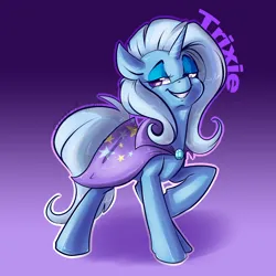 Size: 1300x1300 | Tagged: safe, artist:bluekazenate, banned from derpibooru, deleted from derpibooru, derpibooru import, trixie, pony, unicorn, g4, cute, deviantart watermark, diatrixes, female, gradient background, grin, horn, image, lidded eyes, mare, obtrusive watermark, outline, png, smiling, solo, watermark