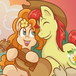 Size: 2000x2000 | Tagged: safe, artist:yoshimarsart, derpibooru import, bright mac, pear butter, earth pony, pony, g4, the perfect pear, brightbutter, female, guitar, image, jpeg, male, mare, musical instrument, shipping, stallion, straight, watermark