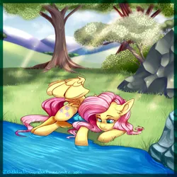 Size: 1300x1300 | Tagged: safe, artist:bluekazenate, derpibooru import, fluttershy, pegasus, pony, g4, clothes, crepuscular rays, cute, female, image, looking at something, looking down, lying down, mare, one wing out, one-piece swimsuit, outdoors, png, relaxing, river, riverbank, shyabetes, side, smiling, solo, swimsuit, tree, water, wings