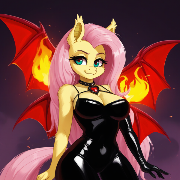 Size: 1024x1024 | Tagged: suggestive, ai content, derpibooru import, machine learning generated, stable diffusion, fluttershy, anthro, bat pony, succubus, bat ponified, bat wings, breasts, ear fluff, flutterbat, half body, image, jewelry, latex, latex suit, looking at you, png, prompter:ailex, race swap, simple background, smiling, smirk, spread wings, wings