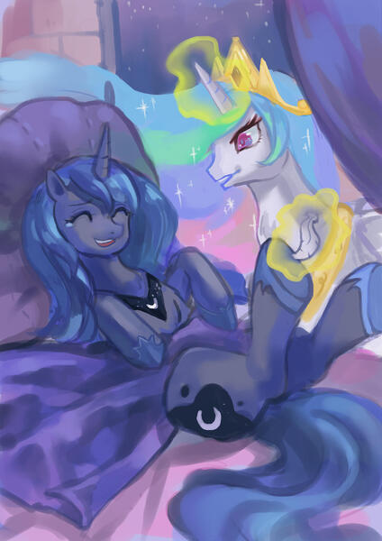 Size: 2059x2912 | Tagged: safe, artist:ravencrooow, derpibooru import, princess celestia, princess luna, alicorn, pony, g4, bedroom, crying, eyes closed, feather, female, giggling, hoof tickling, horseshoes, image, jpeg, laughing, magic, royal sisters, siblings, sisters, smiling, tears of joy, tears of laughter, tickling