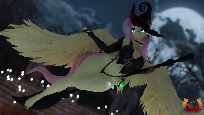 Size: 3840x2160 | Tagged: suggestive, artist:loveslove, ponerpics import, fluttershy, anthro, 3d, arm warmers, breasts, broom, choker, clothes, corset, feet, female, halloween, hat, holiday, image, jpeg, night, panties, thong, underwear, witch hat