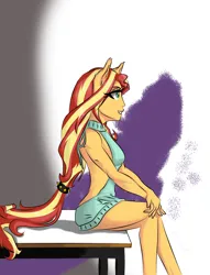 Size: 1556x2034 | Tagged: suggestive, artist:x-force02ranger, derpibooru import, sunset shimmer, equestria girls, g4, backless, breasts, clothes, female, image, open-back sweater, png, ponied up, sleeveless, sleeveless sweater, solo, solo female, sweater, virgin killer sweater