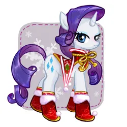 Size: 2067x2067 | Tagged: safe, artist:han_hyui, derpibooru import, rarity, pony, unicorn, g4, abstract background, boots, christmas, clothes, cute, female, holiday, horn, image, looking at you, mare, png, raribetes, saddle, shoes, snow, snowflake, solo, tack