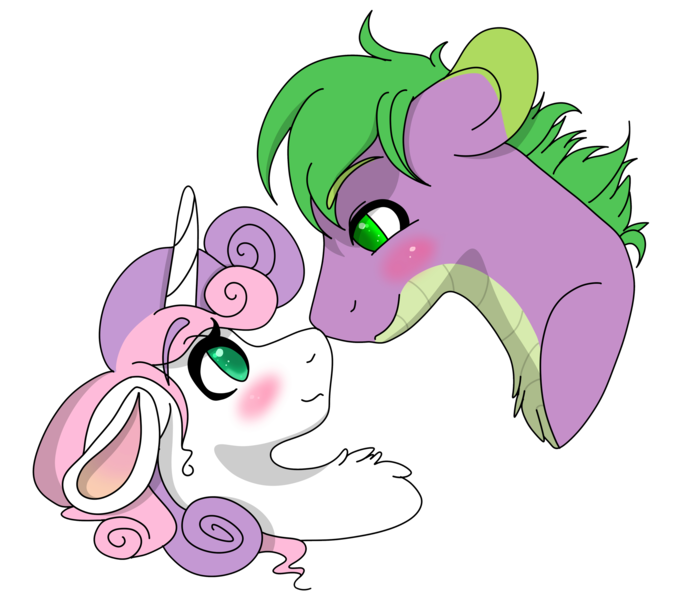 Size: 2618x2290 | Tagged: safe, artist:momo-muddycakes, derpibooru import, spike, sweetie belle, ponified, dragon, pony, unicorn, g4, blushing, chest fluff, female, horn, image, looking at each other, looking at someone, male, mare, older, png, ponified spike, shipping, simple background, species swap, spikebelle, stallion, straight, transparent background