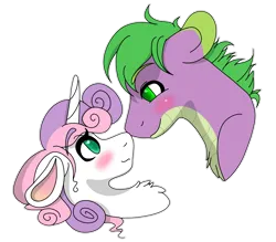 Size: 2618x2290 | Tagged: safe, artist:momo-muddycakes, derpibooru import, spike, sweetie belle, ponified, dragon, pony, unicorn, g4, blushing, chest fluff, female, horn, image, looking at each other, looking at someone, male, mare, older, png, ponified spike, shipping, simple background, species swap, spikebelle, stallion, straight, transparent background