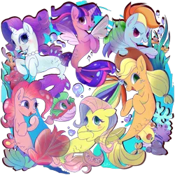 Size: 2000x2000 | Tagged: safe, artist:kumikoponylk, derpibooru import, applejack, fluttershy, pinkie pie, rainbow dash, rarity, spike, twilight sparkle, fish, puffer fish, seapony (g4), g4, my little pony: the movie, cowboy hat, female, hat, image, looking at you, male, mane seven, mane six, png, seaponified, seapony applejack, seapony fluttershy, seapony pinkie pie, seapony rainbow dash, seapony rarity, seapony twilight, simple background, species swap, spike the pufferfish, swimming, transparent background, underwater, water