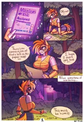 Size: 2126x3081 | Tagged: safe, artist:juxi, derpibooru import, oc, oc:kiva, unofficial characters only, anthro, comic, forest, image, nature, night, outdoors, png, solo, tree