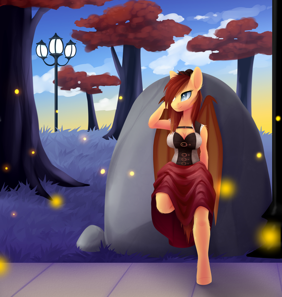 Size: 2387x2512 | Tagged: safe, artist:scarlet-spectrum, derpibooru import, oc, oc:silver veil, unofficial characters only, anthro, bat pony, pony, unguligrade anthro, anthro oc, bat pony oc, bat wings, clothes, commission, female, grass, image, mare, png, rock, solo, tree, wings