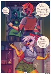 Size: 2126x3081 | Tagged: safe, artist:juxi, derpibooru import, gilda, queen chrysalis, oc, oc:kiva, anthro, g4, comic, image, indoors, png