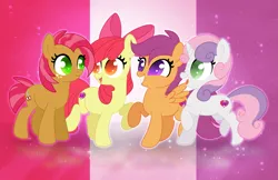 Size: 3045x1970 | Tagged: safe, artist:karzii, derpibooru import, apple bloom, babs seed, scootaloo, sweetie belle, earth pony, pegasus, pony, unicorn, g4, colored pupils, cutie mark, cutie mark crusaders, female, filly, foal, horn, image, png, smiling, the cmc's cutie marks