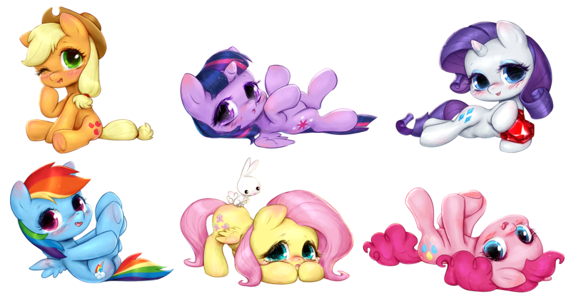 Size: 3000x1599 | Tagged: safe, artist:catmag, derpibooru import, angel bunny, applejack, fluttershy, pinkie pie, rainbow dash, rarity, twilight sparkle, twilight sparkle (alicorn), alicorn, pony, g4, blushing, chibi, ear blush, female, fire ruby, gem, image, lying down, mane six, mare, on back, png, ruby, simple background, transparent background