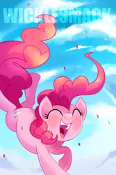 Size: 2000x3000 | Tagged: safe, artist:wicklesmack, derpibooru import, pinkie pie, earth pony, pony, g4, confetti, cute, diapinkes, eyes closed, female, image, mare, open mouth, png, sky, solo