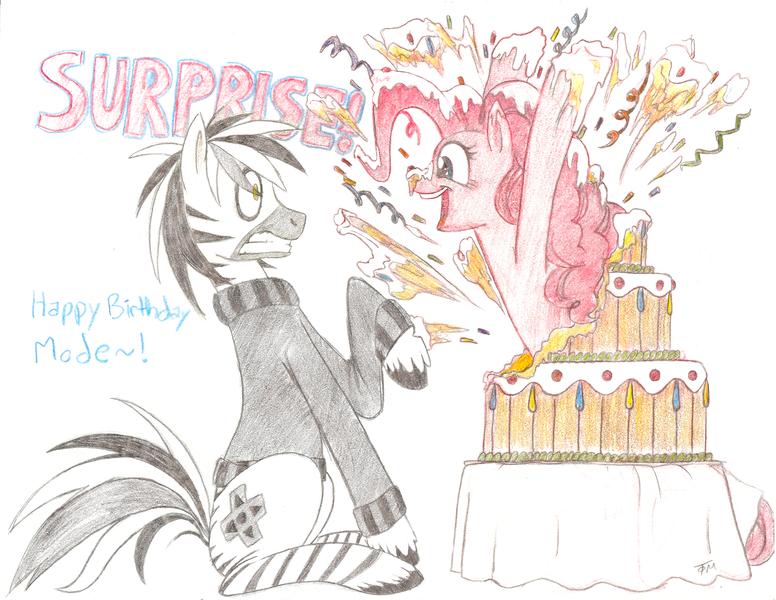 Size: 3297x2550 | Tagged: safe, artist:prismspark, derpibooru import, pinkie pie, oc, earth pony, pony, zebra, g4, birthday, birthday cake, cake, clothes, colored pencil drawing, confetti, duo, duo male and female, female, food, glaze, gritted teeth, happy birthday, high res, image, looking at each other, looking at someone, male, male oc, mare, open mouth, open smile, pinpoint eyes, png, popping out of a cake, present, raised hoof, simple background, sitting, smiling, surprise cake, surprised, sweater, table, teeth, traditional art, unshorn fetlocks, white background, zebra oc