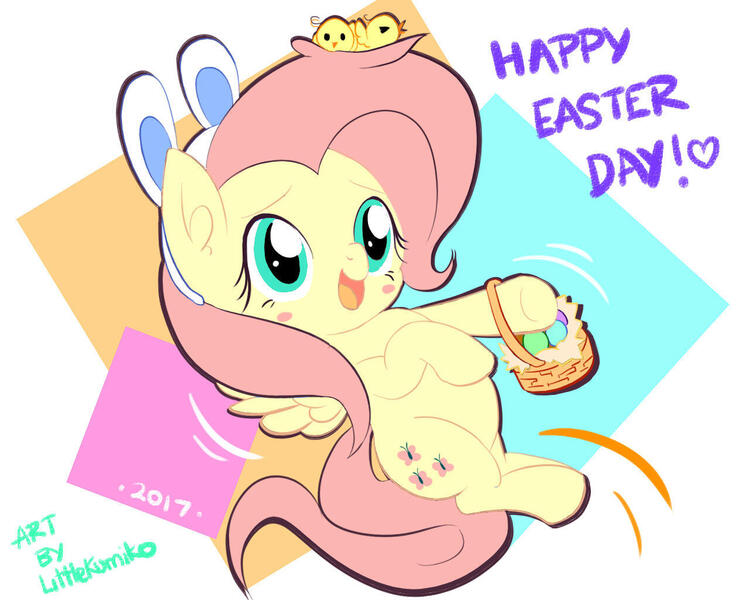 Size: 1280x1024 | Tagged: safe, artist:kumikoponylk, derpibooru import, fluttershy, pegasus, pony, g4, basket, blushing, bunny ears, chibi, cute, easter, easter basket, easter egg, female, happy, holiday, image, jpeg, shyabetes, solo