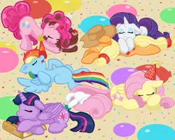 Size: 1500x1200 | Tagged: safe, artist:yoshimarsart, derpibooru import, applejack, fluttershy, pinkie pie, rainbow dash, rarity, twilight sparkle, twilight sparkle (alicorn), alicorn, pony, g4, balloon, book, cake, cute, dashabetes, diapinkes, female, food, hat, image, jackabetes, jpeg, lesbian, lying down, mane six, party hat, prone, raribetes, rarijack, shipping, shyabetes, sleeping, twiabetes