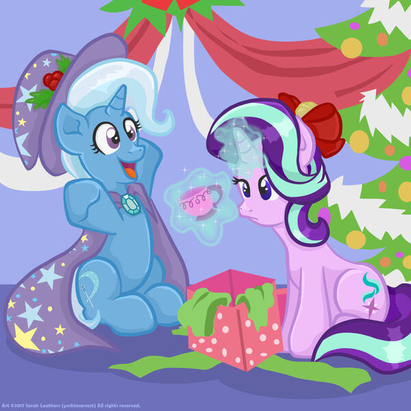 Size: 1200x1200 | Tagged: safe, artist:yoshimarsart, derpibooru import, starlight glimmer, trixie, pony, unicorn, g4, christmas, christmas tree, cup, cute, diatrixes, duo, duo female, female, glow, glowing horn, happy, holiday, horn, image, jpeg, lesbian, magic, mare, present, shipping, startrix, teacup, telekinesis, that pony sure does love teacups, tree