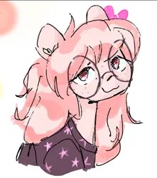 Size: 1357x1537 | Tagged: safe, artist:khvorost162, derpibooru import, oc, oc:krista pebble, unofficial characters only, earth pony, :3, bow, clothes, cute, female, freckles, glasses, image, jpeg, pink mane, shirt, solo, t-shirt