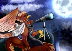 Size: 2100x1500 | Tagged: safe, artist:legendaryshadee, derpibooru import, oc, oc:pavlos, gryphon, bandage, clothes, image, male, night, png, scarf, solo, telescope