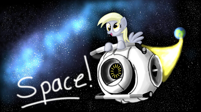 Size: 1380x768 | Tagged: safe, derpibooru import, derpy hooves, pegasus, pony, g4, female, image, jpeg, mare, open mouth, portal (valve), portal 2, space, tongue out