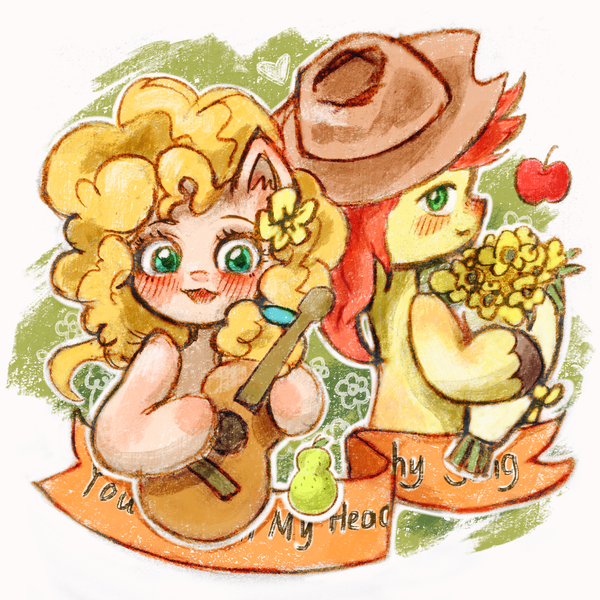 Size: 2048x2048 | Tagged: safe, artist:momo264873, derpibooru import, bright mac, pear butter, earth pony, pony, g4, apple, banner, blushing, bouquet of flowers, female, flower, food, guitar, hat, image, male, mare, musical instrument, outline, pear, png, simple background, stallion, text, white background, white outline