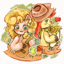 Size: 2048x2048 | Tagged: safe, artist:momo264873, derpibooru import, bright mac, pear butter, earth pony, pony, g4, apple, banner, blushing, bouquet of flowers, female, flower, food, guitar, hat, image, male, mare, musical instrument, outline, pear, png, simple background, stallion, text, white background, white outline