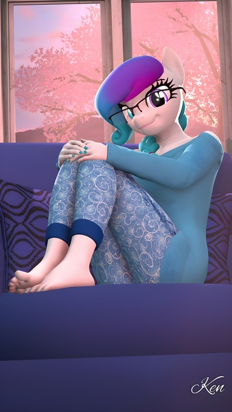 Size: 2700x4800 | Tagged: safe, artist:kenaga, ponerpics import, oc:aurora starling, anthro, 3d, clothes, feet, glasses, heterochromia, image, jpeg, looking at you, pajamas, sitting, toenails