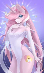 Size: 2921x4889 | Tagged: suggestive, artist:u_lu_lu, derpibooru import, oc, oc:pupcake, alicorn, anthro, abstract background, alicorn oc, anthro oc, breasts, clothes, commission, dress, female, horn, image, looking at you, png, side slit, solo, solo female, total sideslit, wings