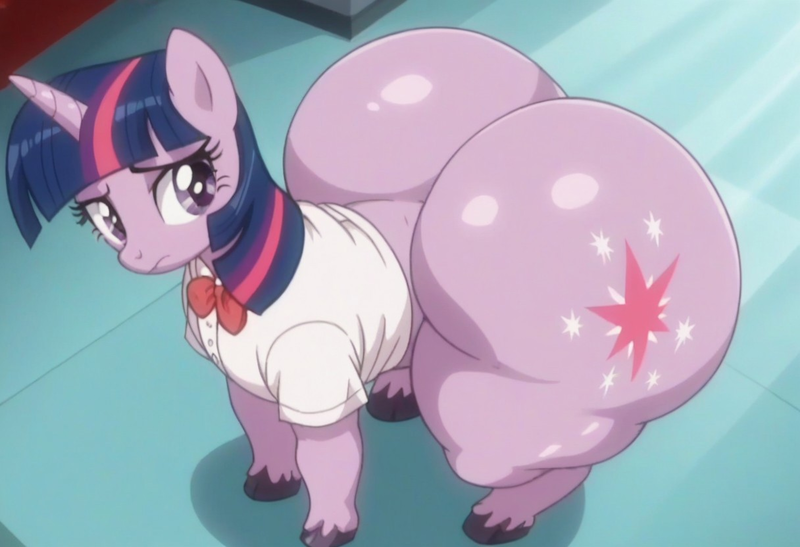 Size: 1216x832 | Tagged: suggestive, ai content, derpibooru import, machine learning generated, screencap, twilight sparkle, pony, unicorn, butt, clothes, cutie mark, hentai, hooves, horn, huge butt, image, large butt, looking back, no tail, png, prompter:vhs-clop, school uniform, the ass was fat, twibutt, wide hips