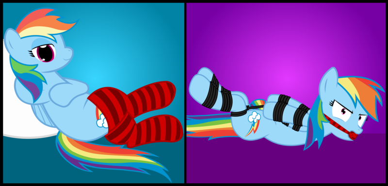 Size: 3500x1678 | Tagged: safe, artist:cardshark777, derpibooru import, rainbow dash, pegasus, pony, g4, 2 panel comic, angry, bondage, bound and gagged, bound wings, clothes, comic, dashsub, digital art, female, femsub, furious, gag, glare, gradient background, helpless, hogtied, hooves behind back, hooves behind head, image, looking at you, lying down, mare, multicolored hair, open mouth, png, prone, rainbond dash, rainbow dash is not amused, rainbow hair, rainbow tail, red socks, rope, rope bondage, sock gag, socks, solo, submissive, tail, tied up, unamused, upset, wings