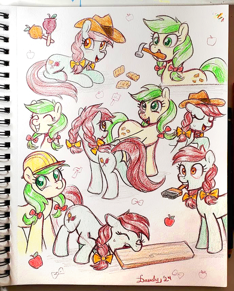 Size: 689x859 | Tagged: safe, artist:dandy, derpibooru import, apple fritter, candy apples, pony, g4, apple, apple family member, board, bow, braid, braided pigtails, clothes, colored pencil drawing, cute, dancing, eyes closed, female, food, hair bow, hair tie, hammer, happy, hard hat, hat, image, lying down, mare, mouth hold, open mouth, open smile, paintbrush, photo, pigtails, png, redraw, smiling, traditional art