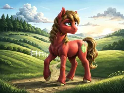 Size: 2560x1920 | Tagged: safe, ai content, derpibooru import, machine learning assisted, machine learning generated, prompter:dovakkins, big macintosh, earth pony, pony, g4, cloud, cute, ear fluff, forest, image, jpeg, macabetes, male, mouth hold, nature, raised hoof, smiling, stallion, straw in mouth, sunset, tail, tree, unshorn fetlocks, watermark, wavy mane, wavy tail