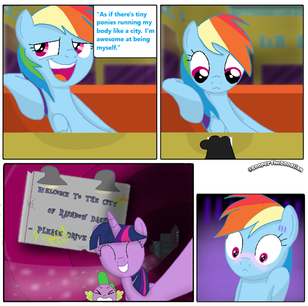 Size: 721x715 | Tagged: safe, artist:cooperthedoodlian, derpibooru import, rainbow dash, spike, twilight sparkle, pegasus, pony, fanfic:a small issue, anatomically correct, billboard, blushing, cafe, city, comedy, cooper doodlian, derpibooru exclusive, diner, embarrassed, image, irony, micro, nudity, offscreen character, photo, png, pride, selfie, sign, surprised, uvula, vulva