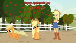 Size: 3464x1948 | Tagged: safe, artist:lizzmcclin, derpibooru import, applejack, human, pony, equestria girls, g4, apple, apple tree, applejack day, female, fence, filly, filly applejack, foal, food, image, mare, png, solo, tree, younger