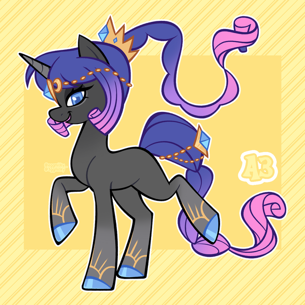 Size: 3000x3000 | Tagged: safe, artist:3ggmilky, derpibooru import, oc, unofficial characters only, pony, unicorn, baldur's gate, blue eyes, blue hooves, blue pupils, braid, braided ponytail, braided tail, circlet, colored hooves, colored horn, colored pupils, crossover fusion, crown, female, fusion, fusion:rarity, fusion:shadowheart, gradient legs, gradient mane, gradient tail, high ponytail, hooves, horn, image, jewelry, leg markings, looking at you, mare, png, ponytail, raised hoof, regalia, shiny hooves, simple background, solo, square pupils, standing on two hooves, striped background, tail, tail jewelry, tiara, yellow background