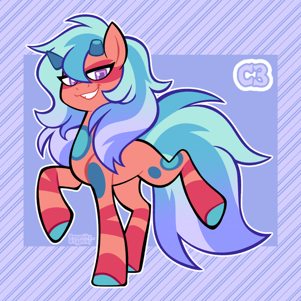 Size: 3000x3000 | Tagged: safe, artist:3ggmilky, derpibooru import, oc, unofficial characters only, earth pony, pony, blue background, body markings, colored hooves, colored pupils, crossover fusion, facial markings, female, fusion, fusion:jasper (steven universe), fusion:trixie, gradient mane, gradient tail, grin, hooves, horns, image, lidded eyes, looking at you, mare, png, purple eyes, purple pupils, simple background, smiling, solo, square pupils, standing on two hooves, steven universe, striped background, stripes, tail