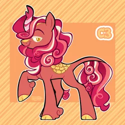 Size: 3000x3000 | Tagged: safe, artist:3ggmilky, derpibooru import, oc, unofficial characters only, kirin, blonde eyelashes, brown pupils, cloven hooves, colored eyelashes, colored hooves, colored pupils, cookie run, crossover fusion, female, fetlock tuft, fusion:autumn blaze, fusion:raspberry cookie (cookie run), golden eyes, hooves, image, lidded eyes, looking at you, open mouth, open smile, orange background, png, raised hoof, shiny hooves, simple background, smiling, solo, striped background, yellow hooves