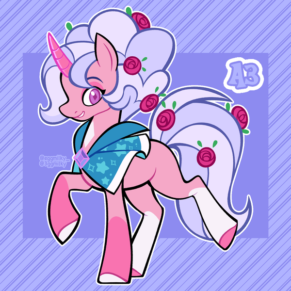 Size: 3000x3000 | Tagged: safe, artist:3ggmilky, derpibooru import, oc, unofficial characters only, pony, unicorn, brooch, cape, clothes, coat markings, colored hooves, colored horn, crossover fusion, curved horn, diamond pupils, female, flower, flower in tail, fusion, fusion:pink diamond (steven universe), fusion:trixie, grin, hooves, horn, image, jewelry, lavender background, looking at you, magenta eyes, mare, mismatched hooves, png, purple background, rose, simple background, smiling, socks (coat marking), solo, standing on two hooves, striped background, tail