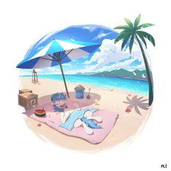 Size: 2000x2000 | Tagged: safe, artist:little_mouse, derpibooru import, oc, pony, starfish, unicorn, beach, drink, food, horn, image, jpeg, lying down, on back, outdoors, palm tree, tree, watermelon