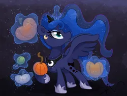 Size: 2100x1600 | Tagged: safe, artist:swasfews, derpibooru import, princess luna, dark background, ear piercing, earring, image, jewelry, magic, mlp fim's fourteenth anniversary, piercing, png, pumpkin, regalia, solo, telekinesis