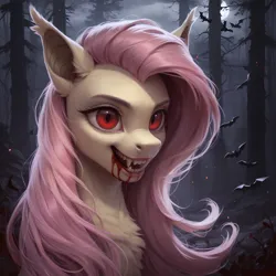 Size: 2432x2432 | Tagged: safe, ai content, derpibooru import, machine learning generated, prompter:star-dragon, stable diffusion, fluttershy, bat, bat pony, pony, undead, vampire, vampony, series:monsters of the everfree forest, g4, bat ponified, blood, bust, everfree forest, fangs, female, flutterbat, forest, generator:pony diffusion v6 xl, image, mare, nature, night, outdoors, png, portrait, race swap, red eyes, solo, tree