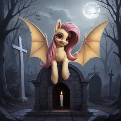 Size: 2432x2432 | Tagged: safe, ai content, derpibooru import, machine learning generated, prompter:star-dragon, stable diffusion, fluttershy, bat, bat pony, pony, undead, vampire, vampony, series:monsters of the everfree forest, g4, bat ponified, bat wings, candle, everfree forest, fangs, female, flutterbat, forest, generator:pony diffusion v6 xl, image, looking at you, mare, nature, night, outdoors, png, race swap, red eyes, solo, spread wings, tree, wings