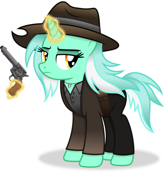 Size: 3830x4040 | Tagged: safe, artist:anime-equestria, derpibooru import, lyra heartstrings, pony, unicorn, g4, alternate hairstyle, clothes, cowboy hat, female, gun, handgun, hat, holster, horn, image, jewelry, levitation, magic, mare, necklace, png, revolver, simple background, solo, telekinesis, transparent background, vector, weapon, western